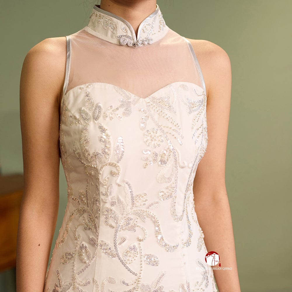 Beth and Brian Qipao-Exclusivedesigner Exclusive designer collection, white sequins long Qipao