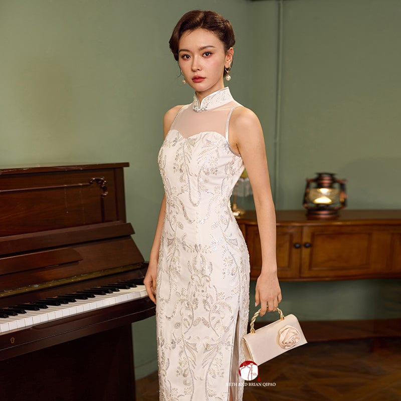 Beth and Brian Qipao-Exclusivedesigner Exclusive designer collection, white sequins long Qipao