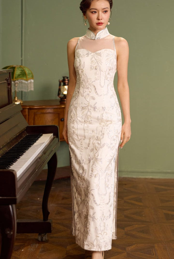 Beth and Brian Qipao-Exclusivedesigner Exclusive designer collection, white sequins long Qipao