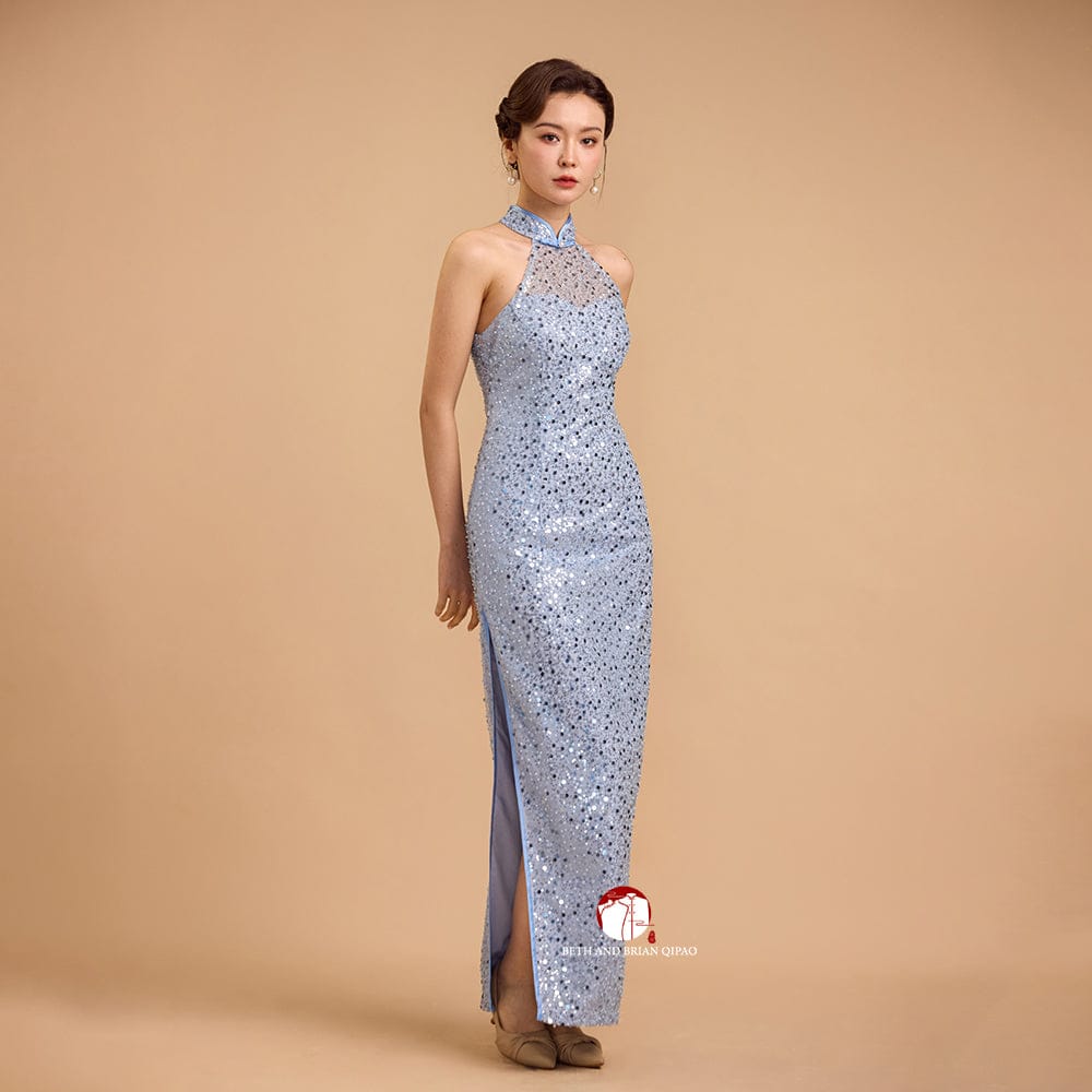 Beth and Brian Qipao-Exclusivedesigner Exclusive designer collection, halter light blue sequins long Qipao