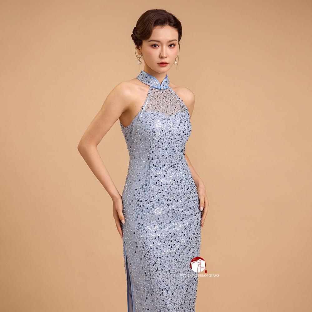 Beth and Brian Qipao-Exclusivedesigner Exclusive designer collection, halter light blue sequins long Qipao