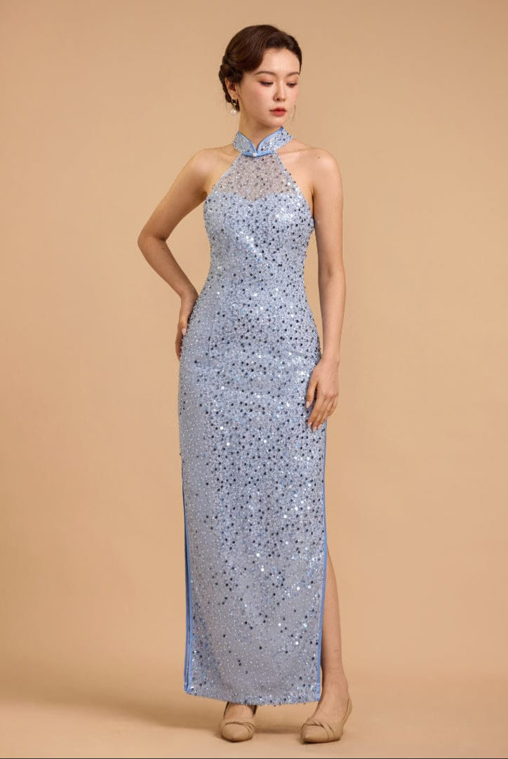 Beth and Brian Qipao-Exclusivedesigner Exclusive designer collection, halter light blue sequins long Qipao
