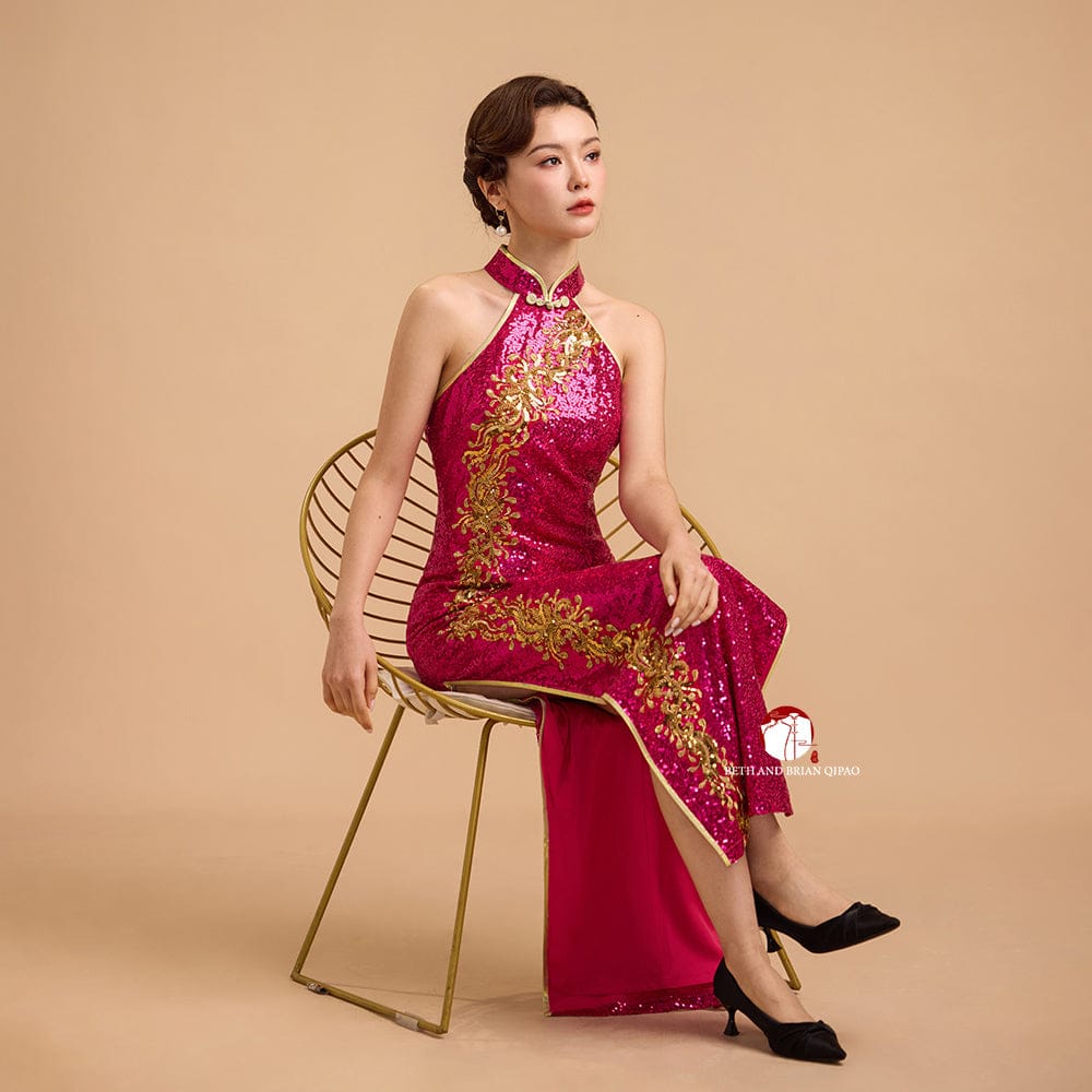 Beth and Brian Qipao-Exclusivedesigner Exclusive designer collection, Floral embroidery, Fuchsia sequins long Qipao