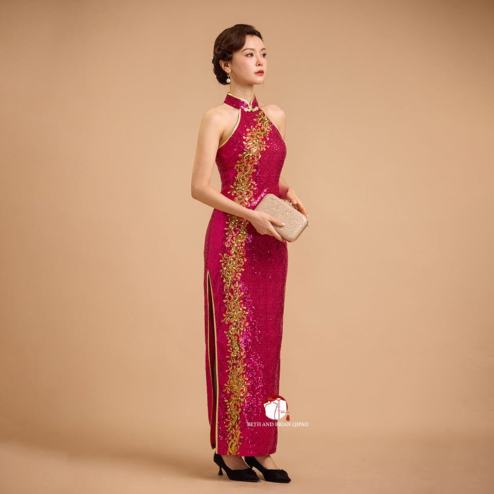 Beth and Brian Qipao-Exclusivedesigner Exclusive designer collection, Floral embroidery, Fuchsia sequins long Qipao