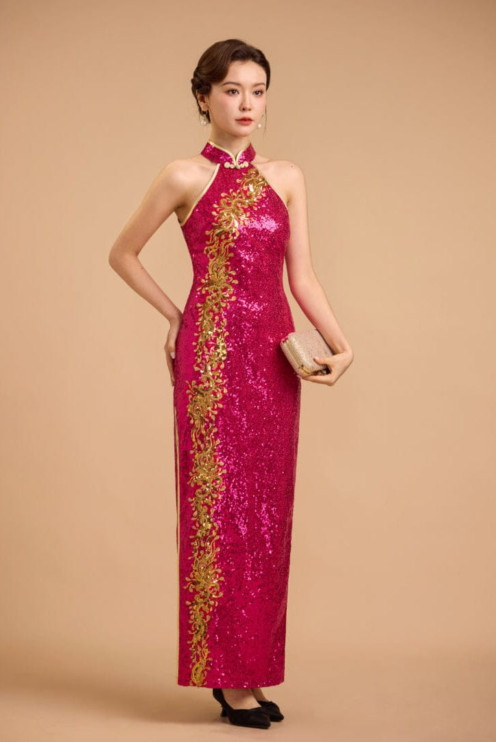 Beth and Brian Qipao-Exclusivedesigner Exclusive designer collection, Floral embroidery, Fuchsia sequins long Qipao