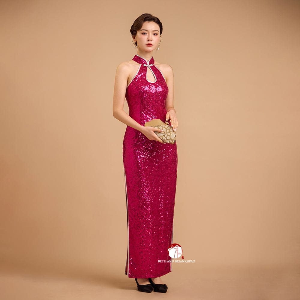 Beth and Brian Qipao-Exclusivedesigner Exclusive designer collection, Fuchsia sequins long Cheongsam