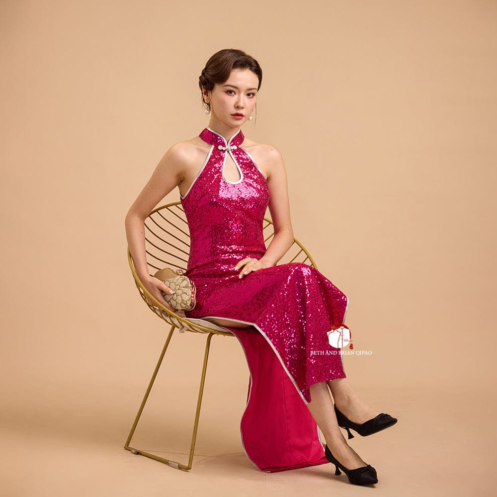 Beth and Brian Qipao-Exclusivedesigner Exclusive designer collection, Fuchsia sequins long Cheongsam