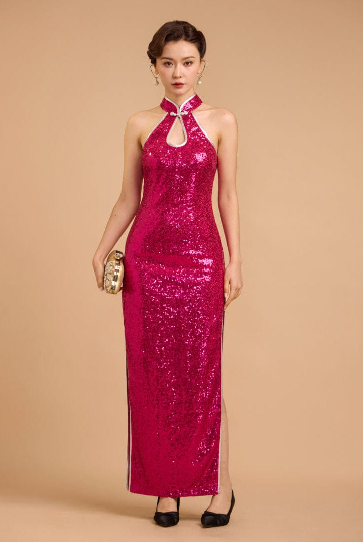 Beth and Brian Qipao-Exclusivedesigner Exclusive designer collection, Fuchsia sequins long Cheongsam