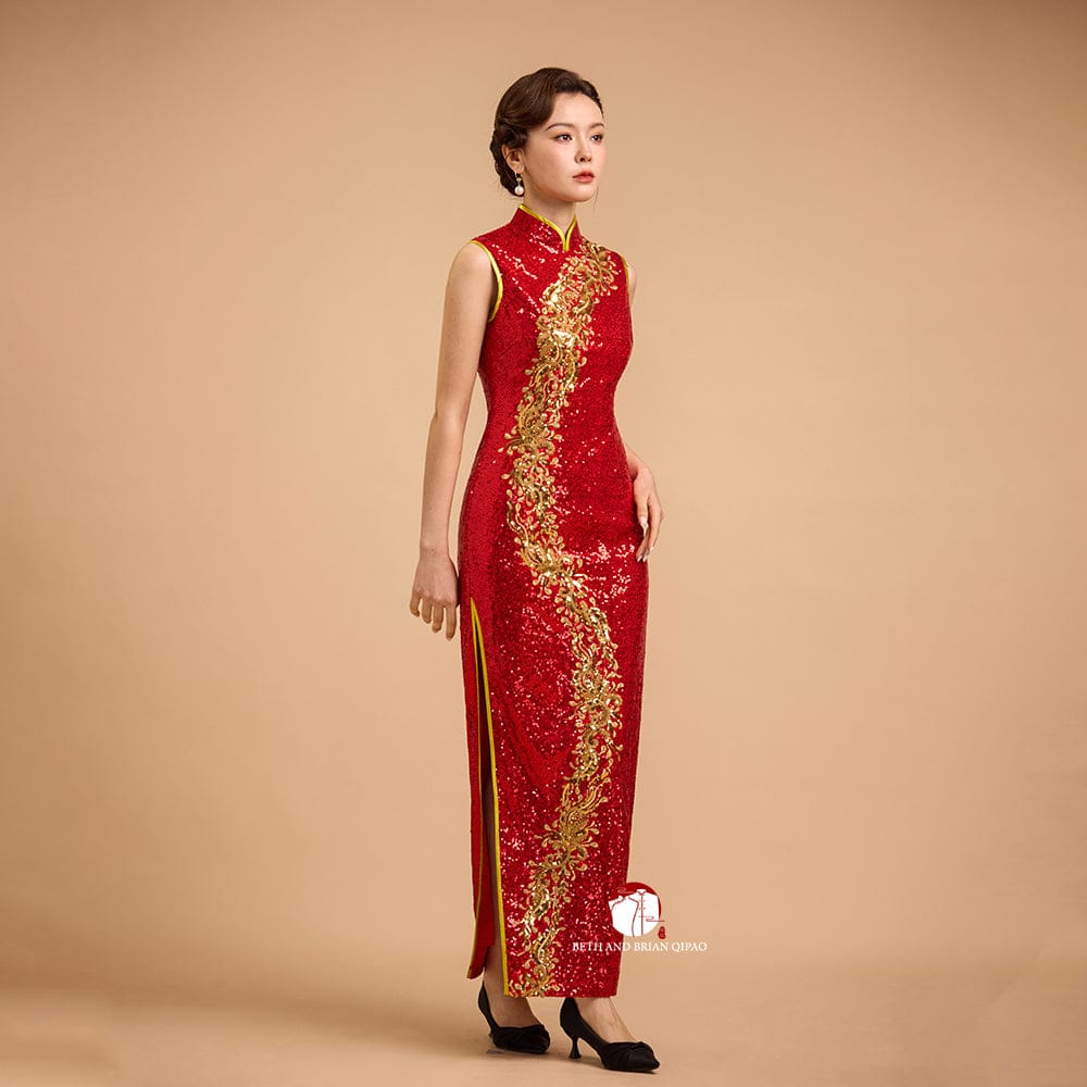 Beth and Brian Qipao-Exclusivedesigner Exclusive designer collection, Floral embroidery, red sequins long Qipao
