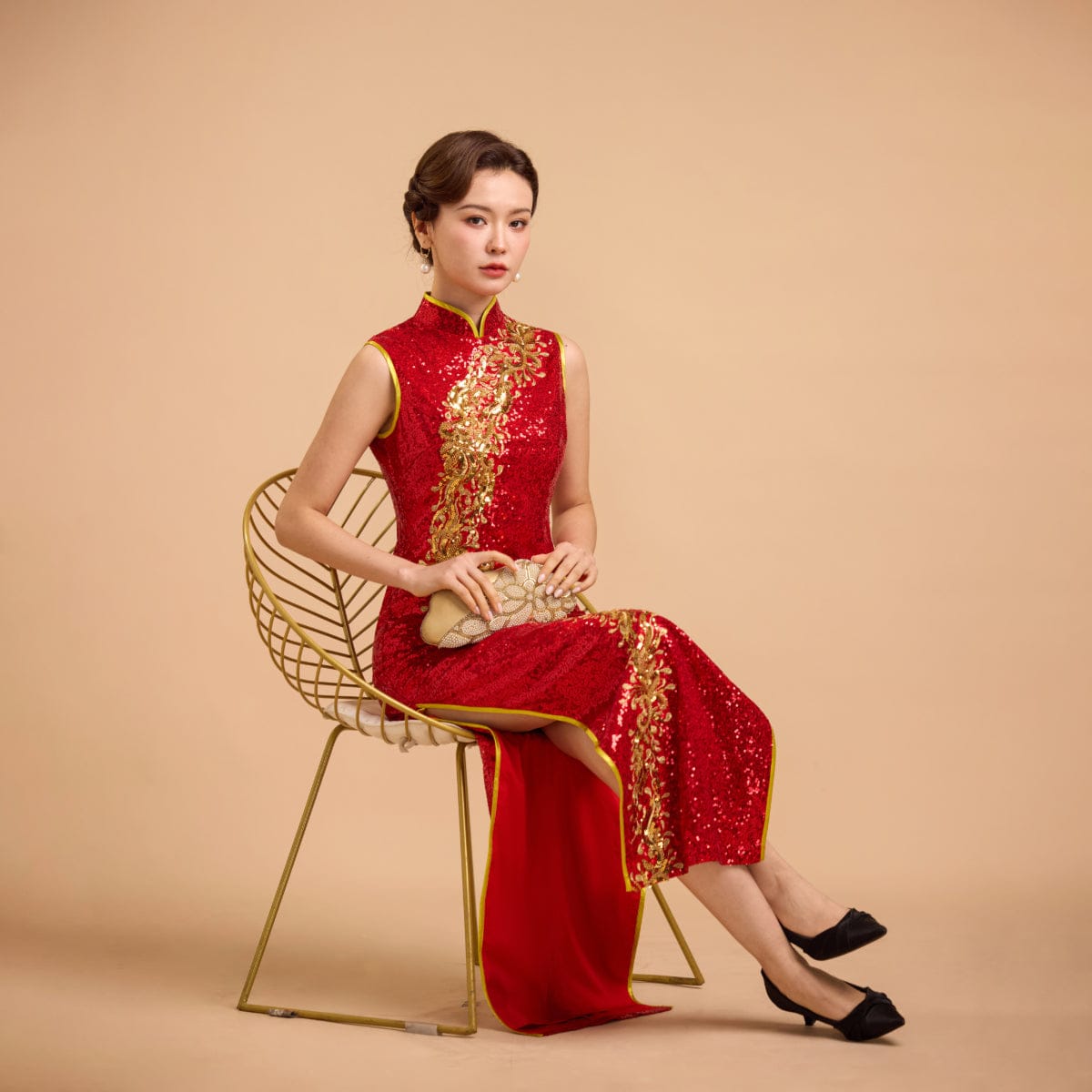 Beth and Brian Qipao-Exclusivedesigner Exclusive designer collection, Floral embroidery, red sequins long Qipao