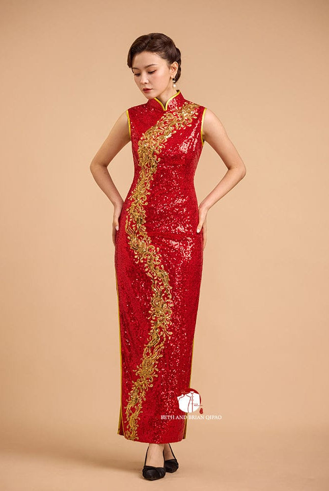 Beth and Brian Qipao-Exclusivedesigner Exclusive designer collection, Floral embroidery, red sequins long Qipao