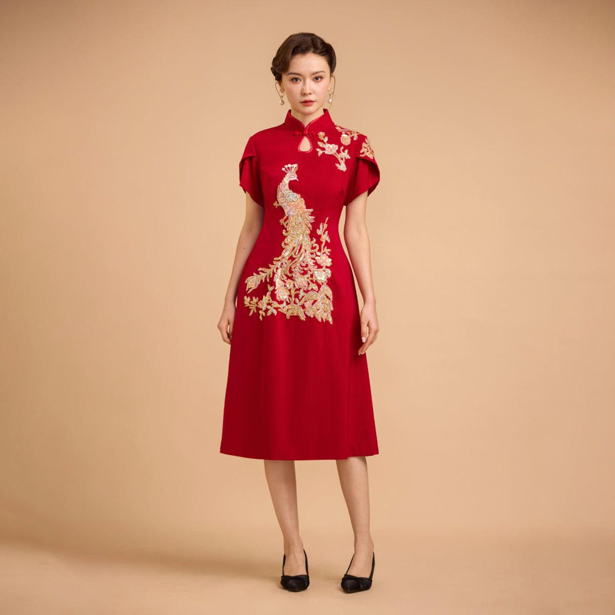 Beth and Brian Qipao - YB Exclusive designer collection, Peacock embroidery, A-line midi Qipao