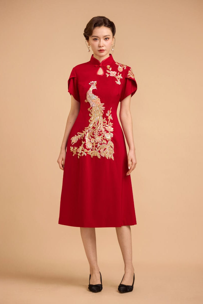 Beth and Brian Qipao - YB Exclusive designer collection, Peacock embroidery, A-line midi Qipao
