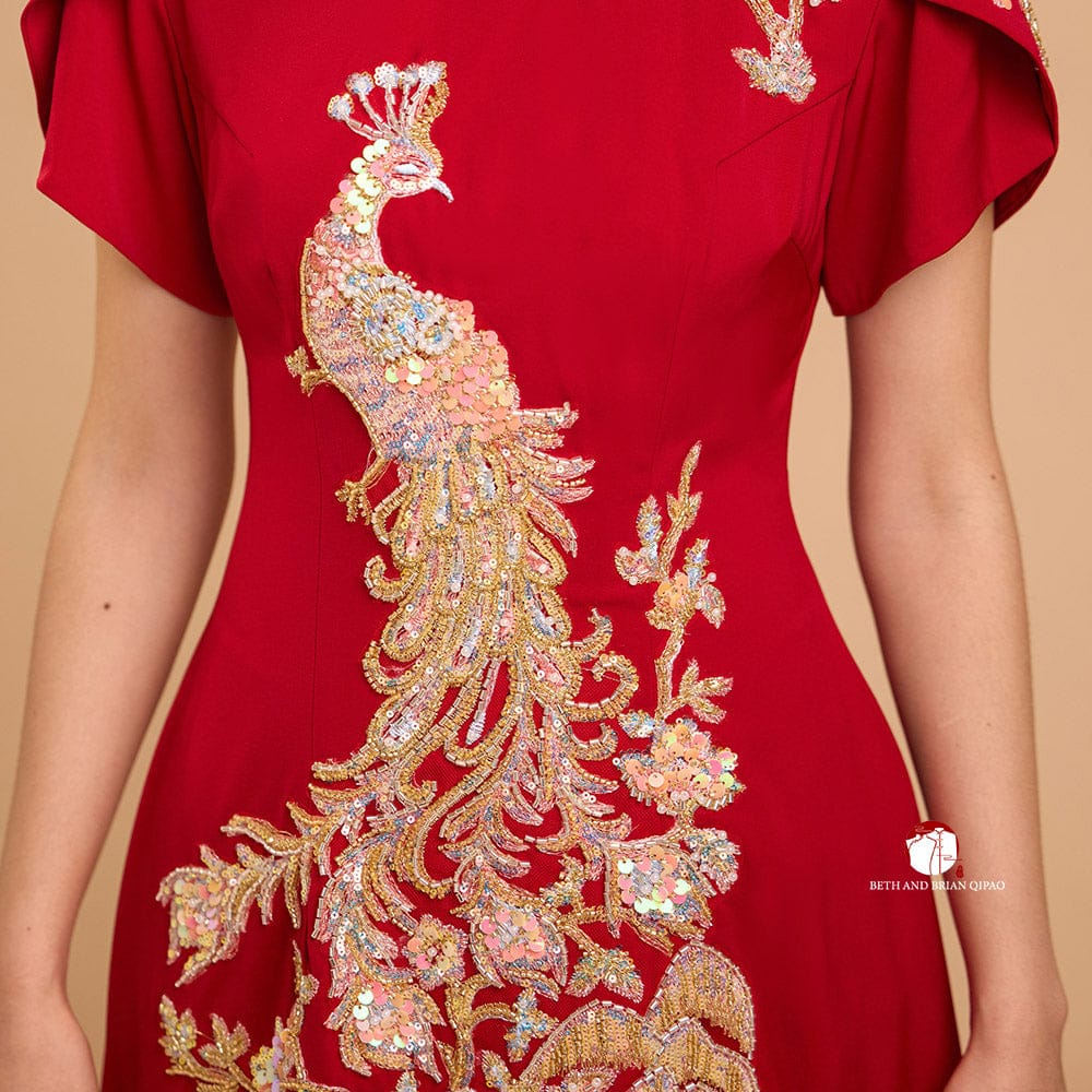 Beth and Brian Qipao - YB Exclusive designer collection, Peacock embroidery, A-line midi Qipao