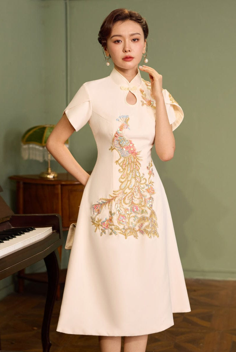 Beth and Brian Qipao - YB Exclusive designer collection, Peacock embroidery, A-line midi Qipao