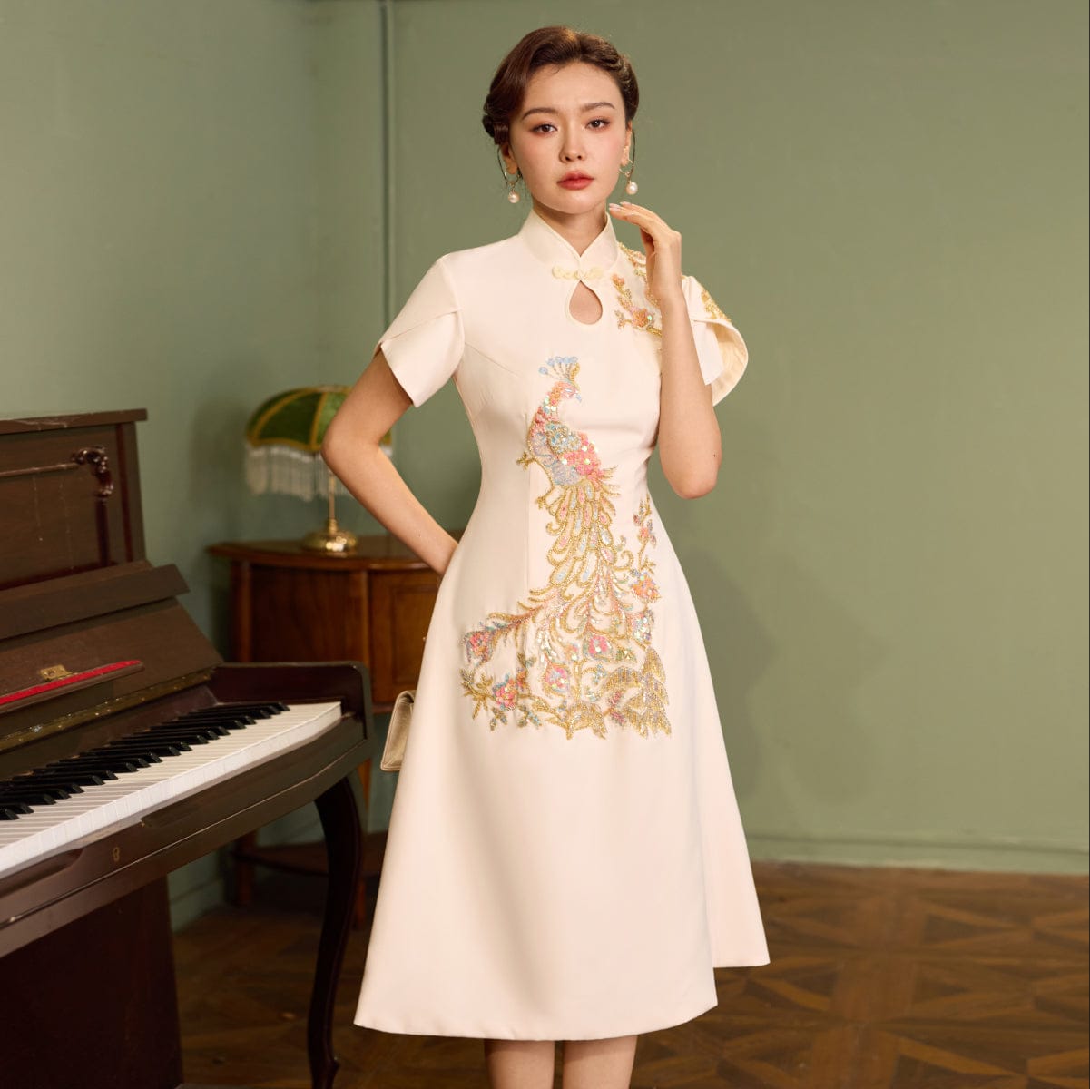 Beth and Brian Qipao - YB Exclusive designer collection, Peacock embroidery, A-line midi Qipao