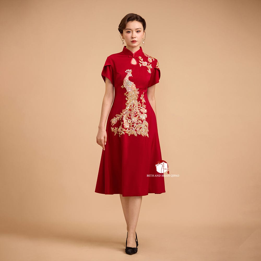 Beth and Brian Qipao - YB Exclusive designer collection, Peacock embroidery, A-line midi Qipao