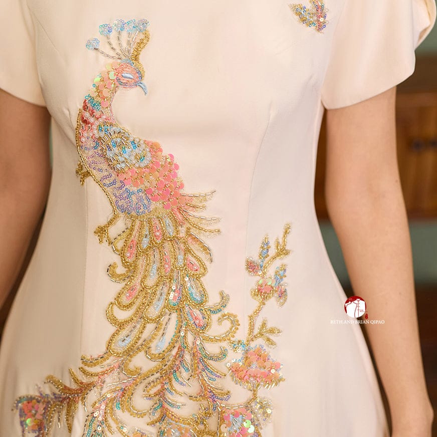 Beth and Brian Qipao - YB Exclusive designer collection, Peacock embroidery, A-line midi Qipao