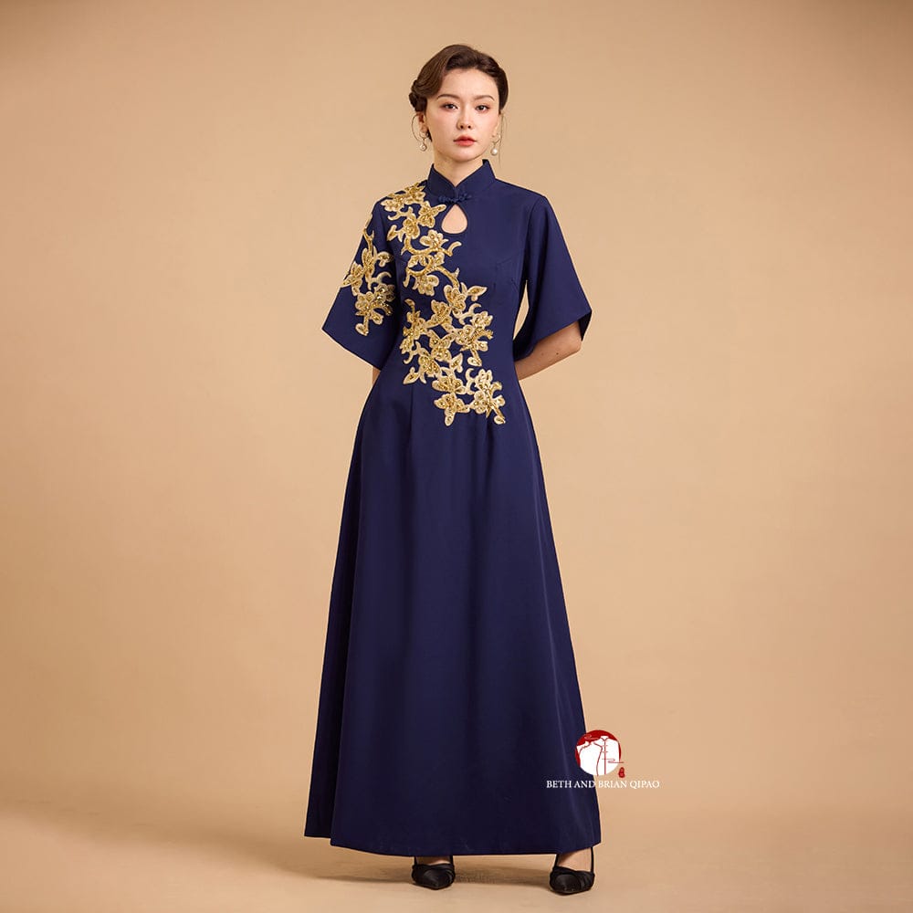 Beth and Brian Qipao-Exclusivedesigner Modern style, butterfly mesh fabric, floor length A-Line Qipao