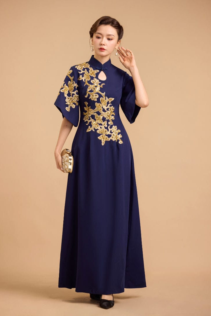Beth and Brian Qipao-Exclusivedesigner Modern style, butterfly mesh fabric, floor length A-Line Qipao