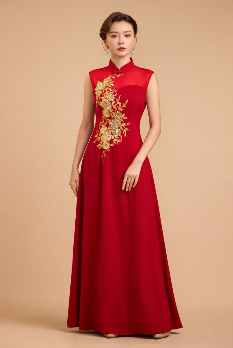 Beth and Brian Qipao-Exclusivedesigner Exclusive designer collection, Floral embroidery, sleeveless A-line long Qipao