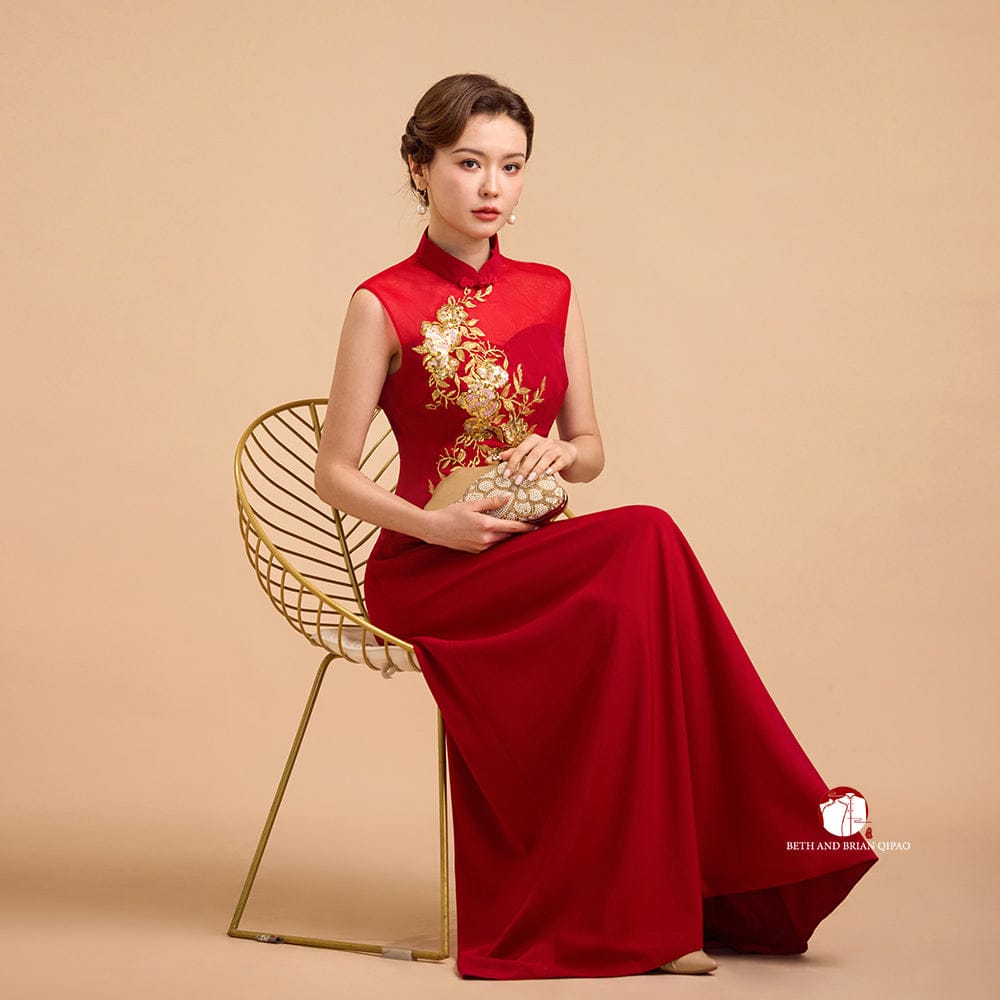Beth and Brian Qipao-Exclusivedesigner Exclusive designer collection, Floral embroidery, sleeveless A-line long Qipao