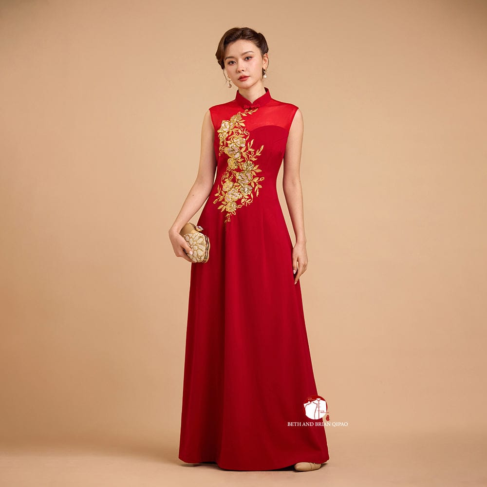 Beth and Brian Qipao-Exclusivedesigner Exclusive designer collection, Floral embroidery, sleeveless A-line long Qipao
