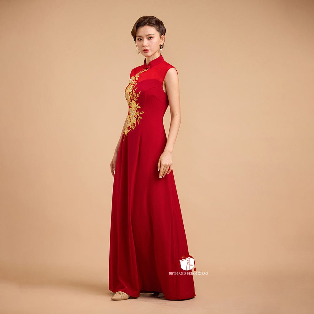 Beth and Brian Qipao-Exclusivedesigner Exclusive designer collection, Floral embroidery, sleeveless A-line long Qipao