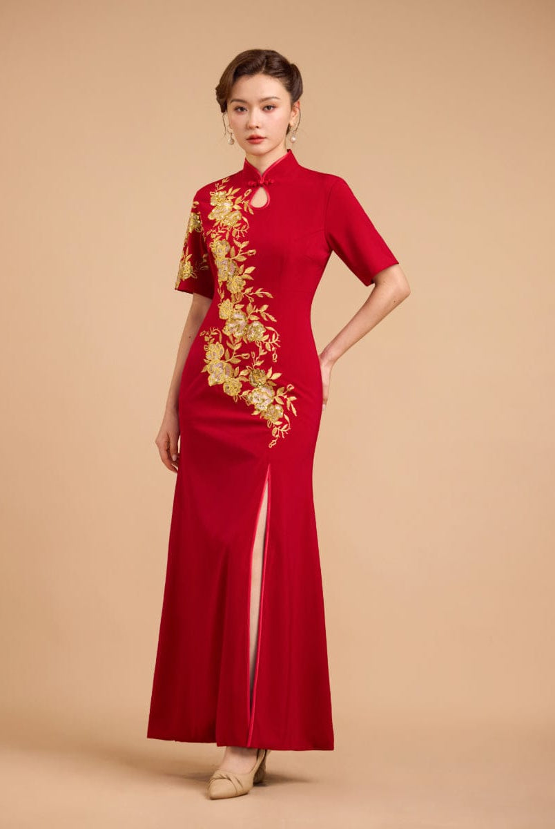 Beth and Brian Qipao-Exclusivedesigner Exclusive designer collection, Floral embroidery, burgandy long Qipao