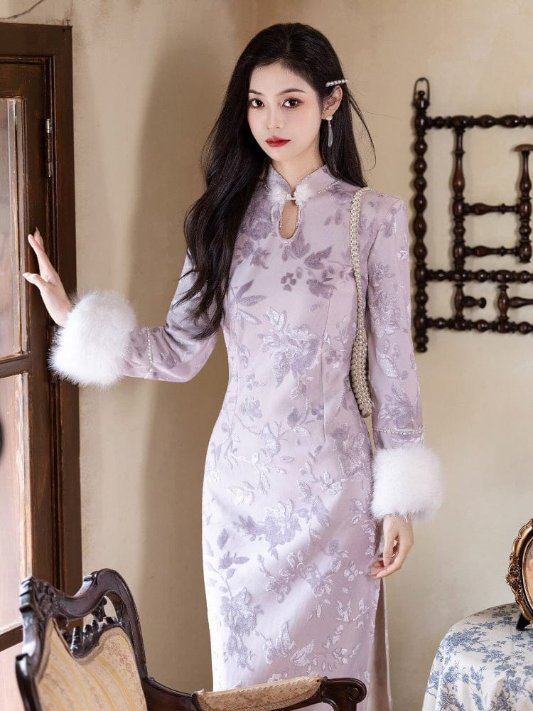 Beth and Brian Qipao-LSB Water drop collar, floral pattern, light purple midi Cheongsam