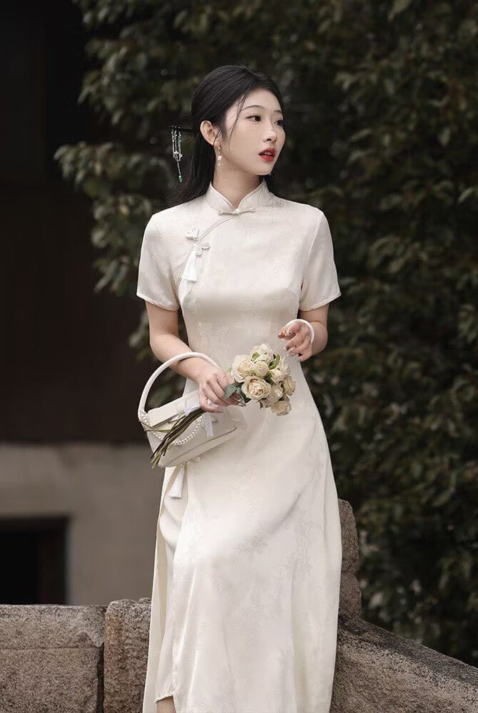 Beth and Brian Qipao-LSB Hualuo jacquard, A line, beige midi Cheongsam