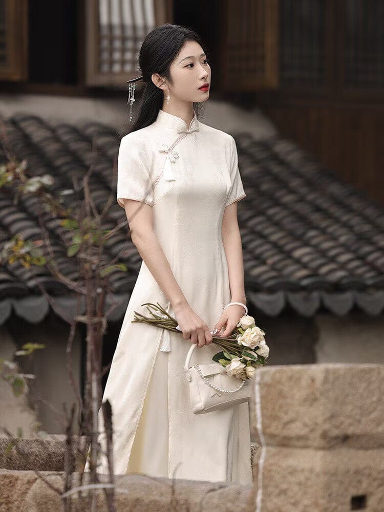 Beth and Brian Qipao-LSB Hualuo jacquard, A line, beige midi Cheongsam