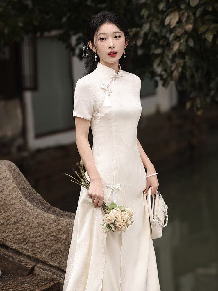 Beth and Brian Qipao-LSB Hualuo jacquard, A line, beige midi Cheongsam