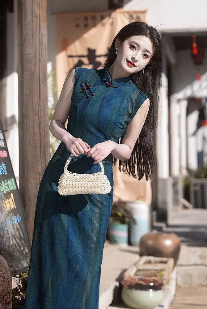 Beth and Brian Qipao-LSB Old Shanghai style, stripe pattern, blue long Cheongsam