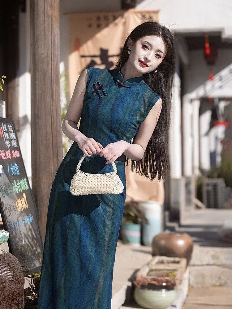 Beth and Brian Qipao-LSB Old Shanghai style, stripe pattern, blue long Cheongsam