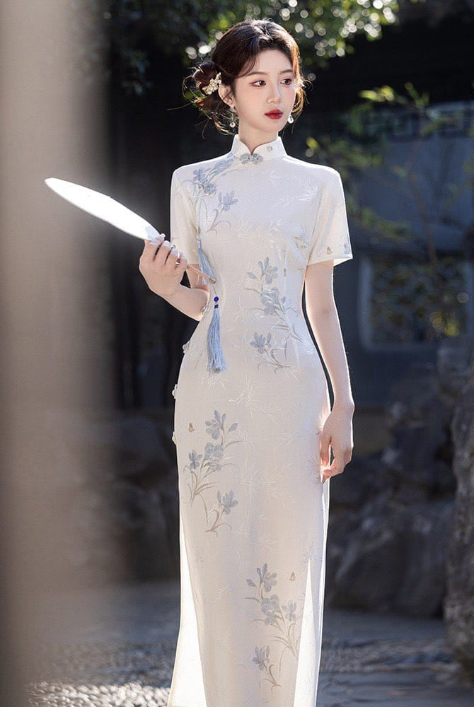Beth and Brian Qipao-LSB Floral and bamboo leaf pattern, white midi Cheongsam