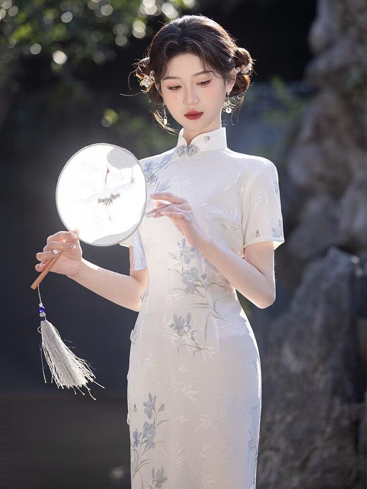 Beth and Brian Qipao-LSB Floral and bamboo leaf pattern, white midi Cheongsam