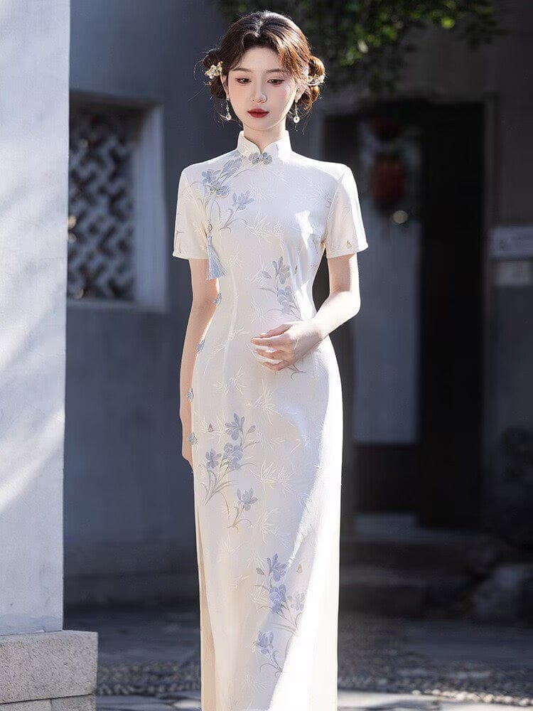 Beth and Brian Qipao-LSB Floral and bamboo leaf pattern, white midi Cheongsam