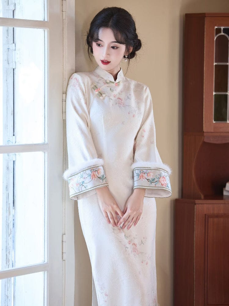 Beth and Brian Qipao-LSB Floral pattern, white midi Cheongsam with long sleeves