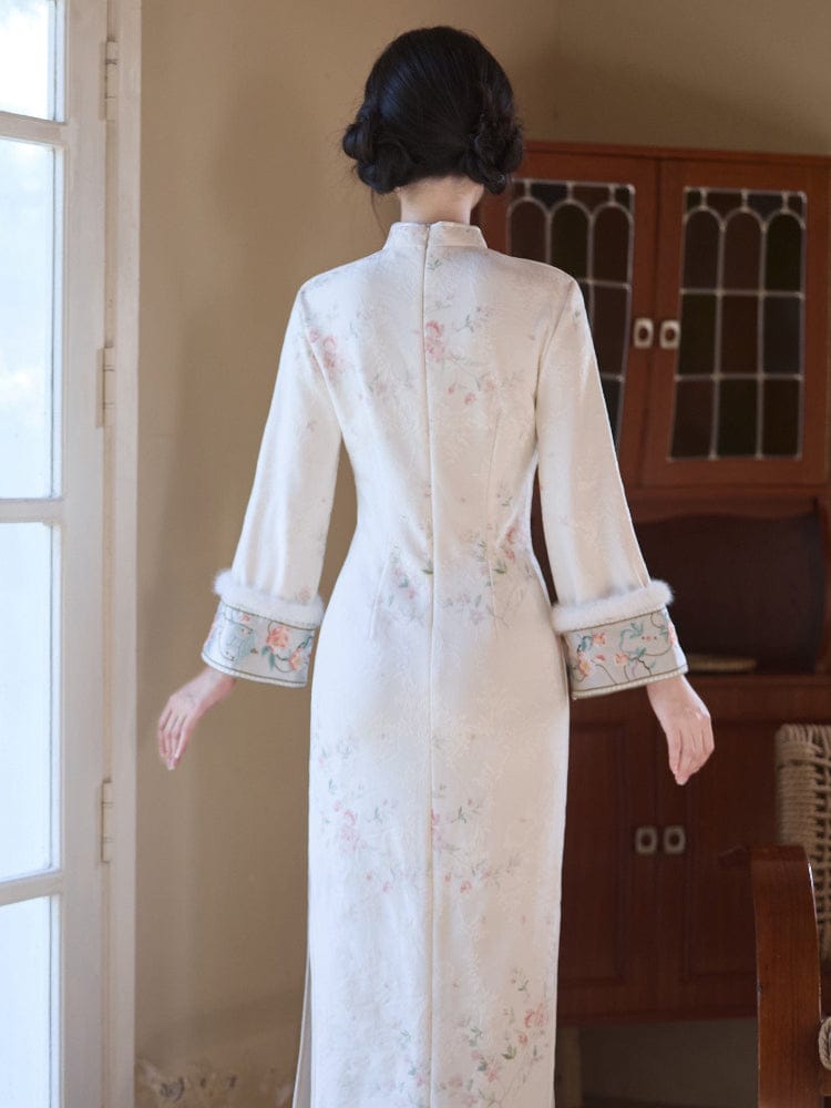 Beth and Brian Qipao-LSB Floral pattern, white midi Cheongsam with long sleeves