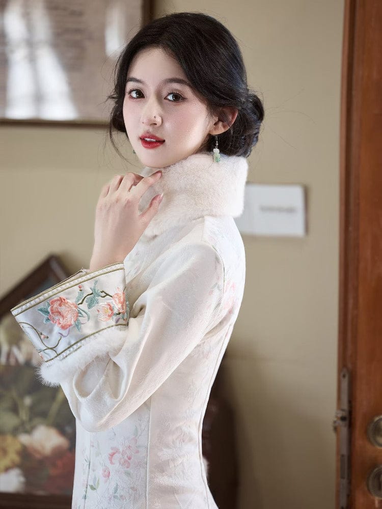 Beth and Brian Qipao-LSB Floral pattern, white midi Cheongsam with long sleeves