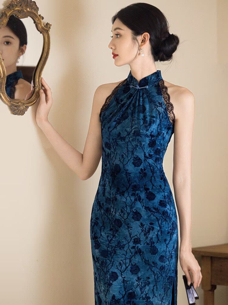 Beth and Brian Qipao-JM Flocking fabric, halter floral midi Cheongsam