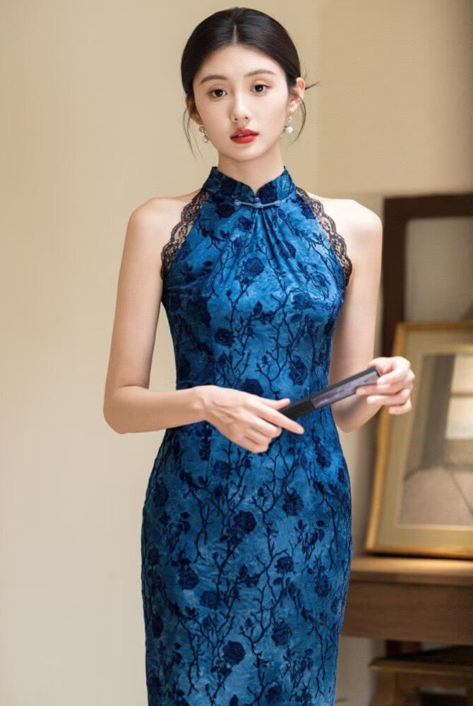 Beth and Brian Qipao-JM Flocking fabric, halter floral midi Cheongsam