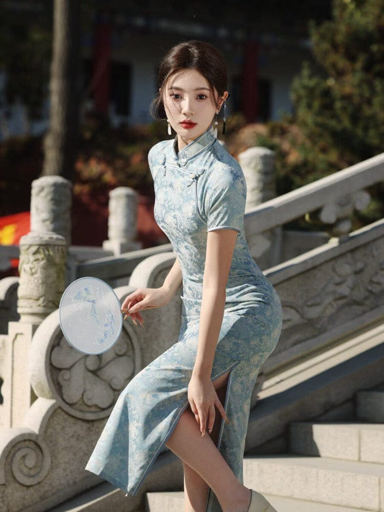 Beth and Brian Qipao-JM Floral pattern, midi Cheongsam with short sleeves