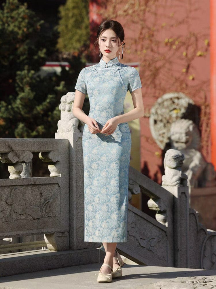 Beth and Brian Qipao-JM Floral pattern, midi Cheongsam with short sleeves