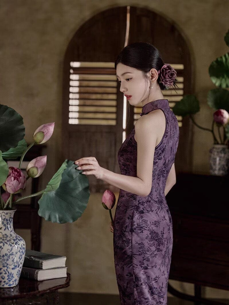 Beth and Brian Qipao-JLM Flocking fabric, halter floral long Cheongsam