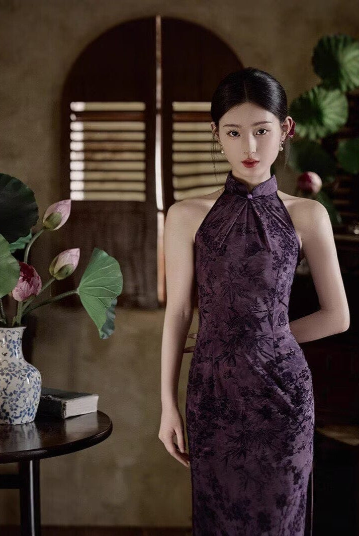 Beth and Brian Qipao-JLM Flocking fabric, halter floral long Cheongsam