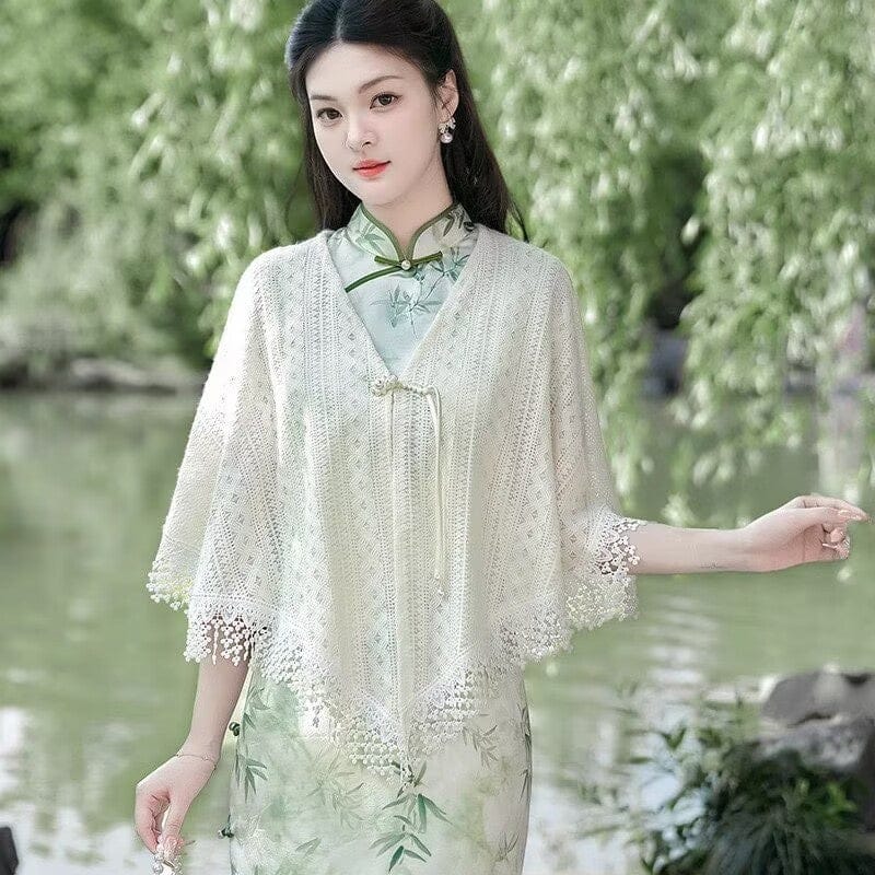 Beth and Brian Qipao-LSB Spring collection, Knit Hollow-out Qipao Shawl