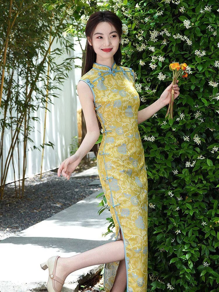 Beth and Brian Qipao-LSB New Chinese style (新中式), floral pattern, yellow long Cheongsam