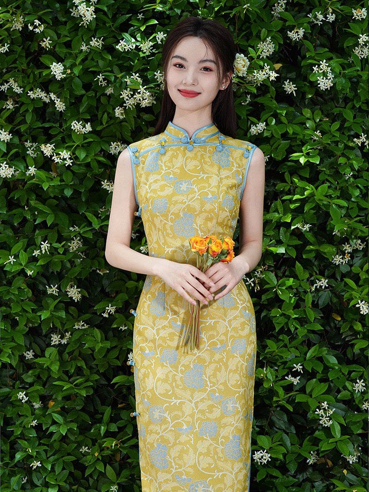 Beth and Brian Qipao-LSB New Chinese style (新中式), floral pattern, yellow long Cheongsam